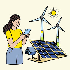 Woman with smartphone and renewable energy setup solar power