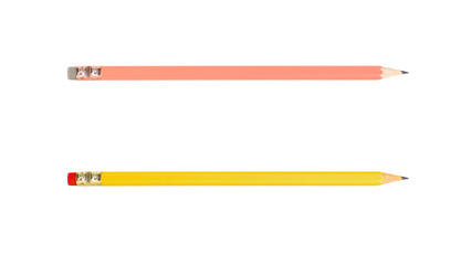 Two sharpened pencils, one coral and one yellow, on transparent background