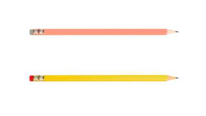 Two sharpened pencils, one coral and one yellow, on transparent background