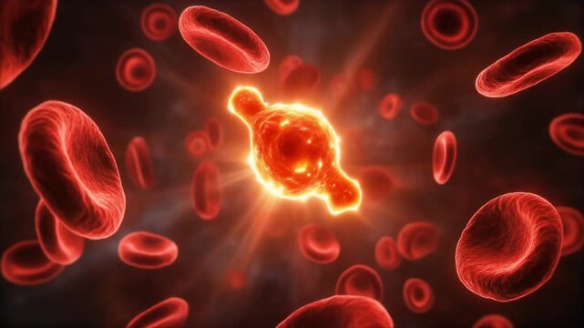 A glowing, mutated cell or virus particle flowing through the bloodstream with red blood cells.