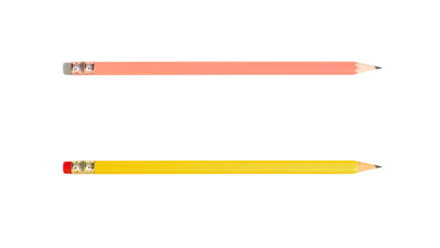 Two sharpened pencils, one coral and one yellow, on transparent background