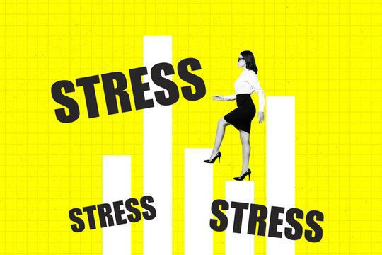 Full trendy pop artwork collage of puzzled girl climb chart work stress unemployment problem collapse depression mood workload