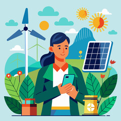 Woman with Smartphone and Renewable Energy Symbols in Nature Keywords: woman, smartphone