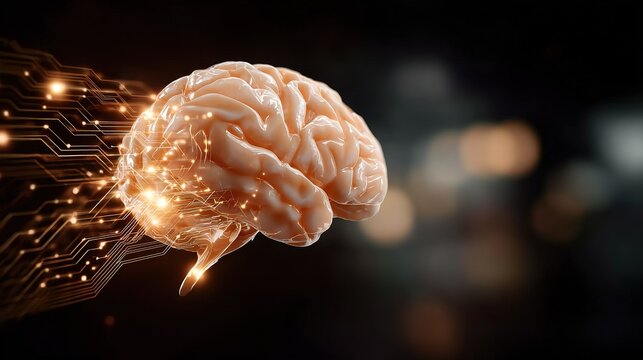 Detailed anatomical human brain model glowing with digital circuit connections and light data streams on  dark blurred background - Powered by Adobe