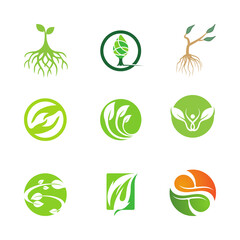 Set of Nature and Wellness Icons Featuring Leaves, Trees, and Human Figures in Green and Blue

