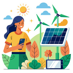 Woman with smartphone near solar panel and wind turbines Keywords: renewable energy, solar power