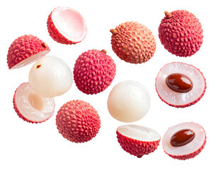  Top-Down Floating Lychee Slice Cluster with Exposed Seeds, Minimalist Style, Isolated Background