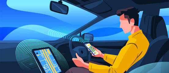Autonomous car self driving technology man using smartphone digital dashboard navigation blue abstract background modern transportation concept