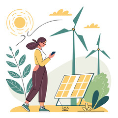 Woman with smartphone near solar panels and wind turbines