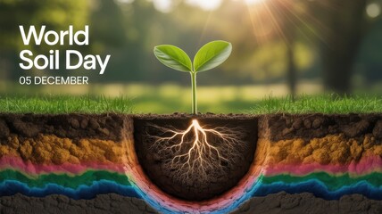 World soil day december 5th with plant growing from rich soil layers
