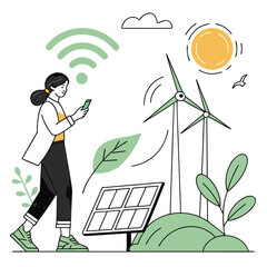 Woman with smartphone near wind turbines and solar panel with Wi- Fi signal