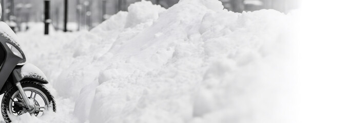 Obraz premium Headlight of a partially visible scooter covered in snow, stuck in a deep snowdrift on a snowy street in winter, for transport concept. Banner with copy space