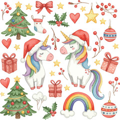 Fototapeta premium Christmas unicorns holiday elements watercolor art