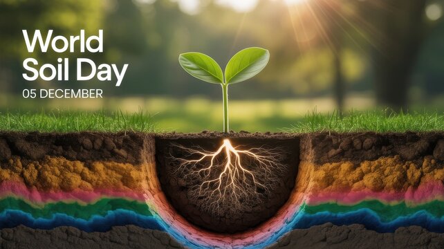 World soil day december 5th with plant growing from rich soil layers - Powered by Adobe