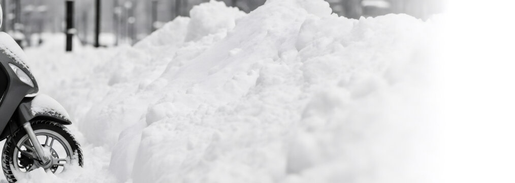 Fototapeta Headlight of a partially visible scooter covered in snow, stuck in a deep snowdrift on a snowy street in winter, for transport concept. Banner with copy space