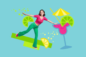 Trend artwork sketch collage of young lady retro style stand smile leisure event carefree clubber night relax celebrate toast drink club