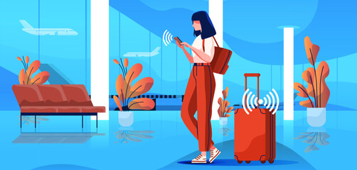 Woman airport traveler using smartphone smart luggage wireless connection modern terminal interior plants airplanes waiting area