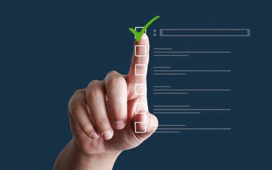 Finger ticking a checkbox on a futuristic digital interface, symbolizing selection and approval