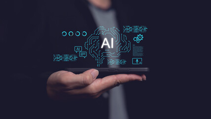 Hand holding smartphone with glowing AI brain circuit graphic and floating digital interface elements, representing artificial intelligence tools, mobile technology, data processing, smart innovation.