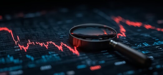 Magnifying glass is on top of a graph with red lines. The graph shows a downward trend