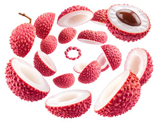 Dynamic Spiral Arrangement of Lychee Slices and Halves, Airborne Composition, Transparent PNG