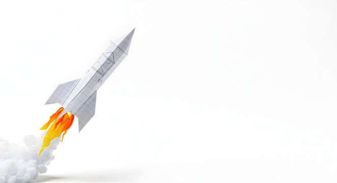 Rocket Ascent: A stylized rocket takes flight against a clean, uncluttered backdrop, its fiery tail leaving a trail of smoke as it embarks on a journey of exploration and innovation.  - Powered by Adobe