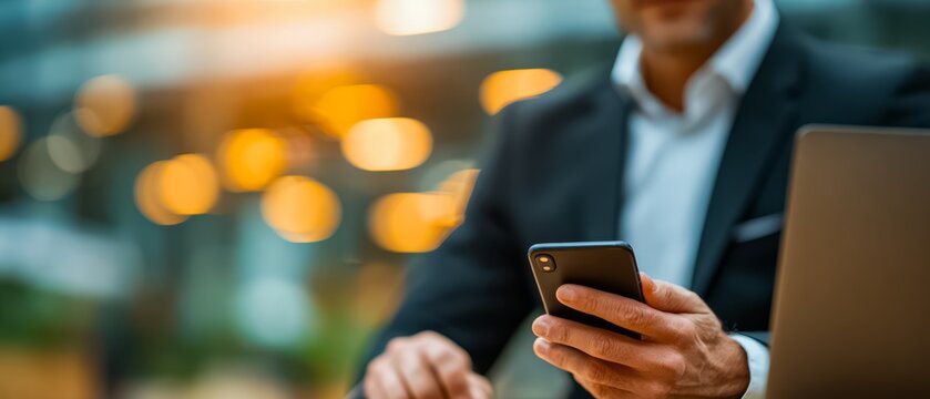 Man in a suit is using his cell phone while sitting at a table. Concept of modernity and technology