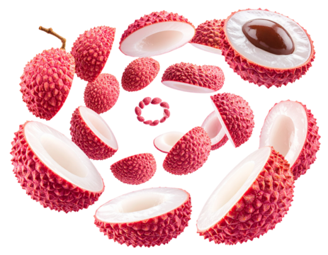 Dynamic Spiral Arrangement of Lychee Slices and Halves, Airborne Composition, Transparent PNG