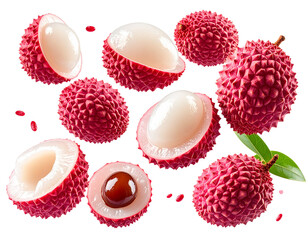  Floating Sliced Lychee Pieces with Whole Fruit, Front View, Isolated on Transparent Background
