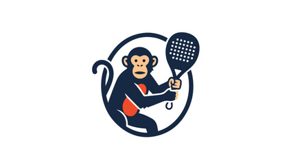 A playful monkey enjoying a padel tennis game, holding a racquet, within a circular emblem design