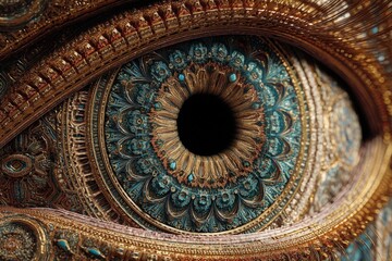 Intricately designed eye resembles mechanical structure, featuring gold and turquoise hues, symmetrical patterns, with a central black pupil surrounded by detailed metallic filigree elements
