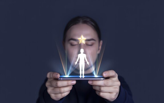 A woman with closed eyes holds a smartphone projecting a glowing holographic avatar with a star, symbolizing digital identity, self, and futuristic technology