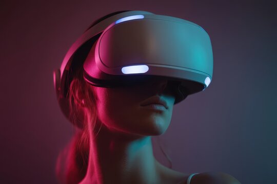 Young adult wearing virtual reality headset with neon blue and pink lighting, immersed in digital experience. Headset design is sleek with illuminated features. No text visible
