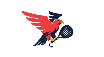 A powerful red eagle mascot holding a padel racket, a dynamic sports team logo vector graphic illustration available as an EPS file