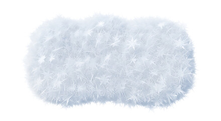 A fluffy white object with a textured surface resembling snow or ice crystals on a black background