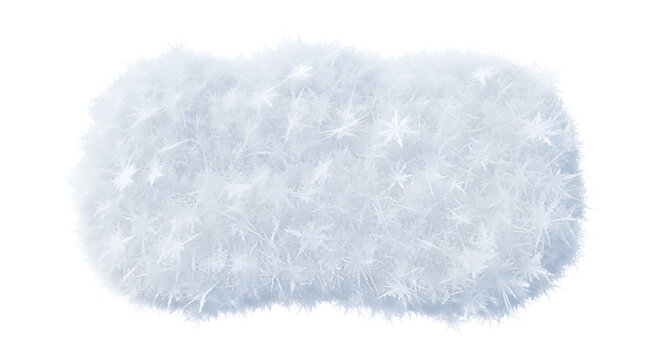 A fluffy white object with a textured surface resembling snow or ice crystals on a black background