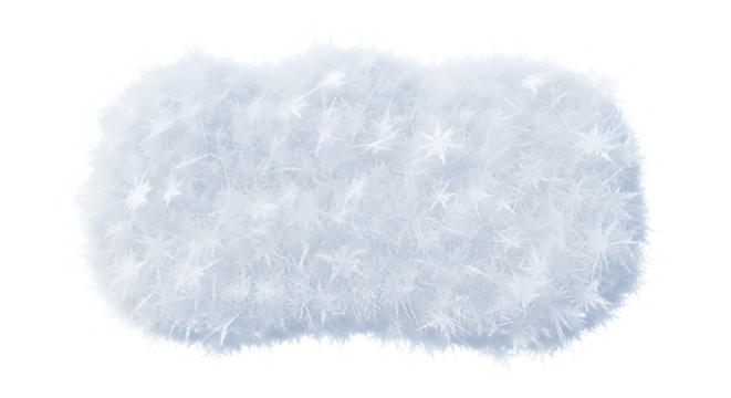 A fluffy white object with a textured surface resembling snow or ice crystals on a black background