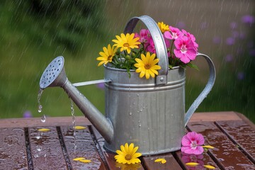 A watering can that collects rain and flowers grow from the holes for water.