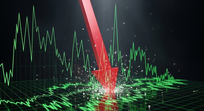 Red Arrow Crashing Down on Stock Market Graph. financial concept shot. red arrow is crashing downwards through a digital stock market graph grid. Represents economic crisis, recession, market crash
