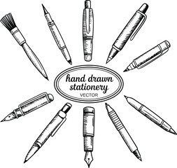 Collection of hand drawn vintage writing instruments and art supplies arranged in a circle