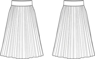 Pleated skirt technical flat sketch, front and back view, apparel fashion design template, women's clothing mock-up, vector illustration, accordion pleats detail.