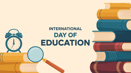 International day of education banner with essential learning tools