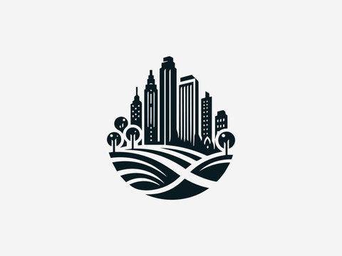 City park landscape combined with real estate buildings illustrated in clean bold black vector logo design