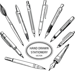 Collection of hand drawn writing instruments and stationery items in sketchy style
