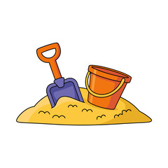 Colorful toy shovel and bucket in sandpile for summer beach fun © NUSRAT
