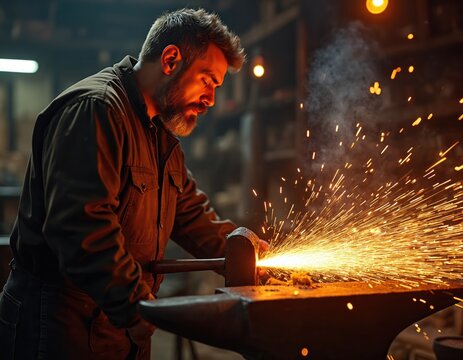 Bearded blacksmith forges glowing hot metal with hammer on anvil in workshop. Bright sparks fly from striking steel. Craftsman creates handmade ironware in traditional smithy. Man works with fire,
