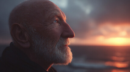 An elderly man gazing at the serene sunset over the ocean, lost in thought. His weathered face tells a story of a life lived. The scene is both peaceful and contemplative