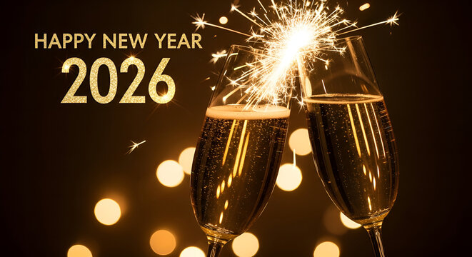 Luxurious New Year 2026 celebration scene, elegant gold and emerald green colour palette, champagne glasses clinking, confetti falling, upscale party environment, ultra-realistic photography style