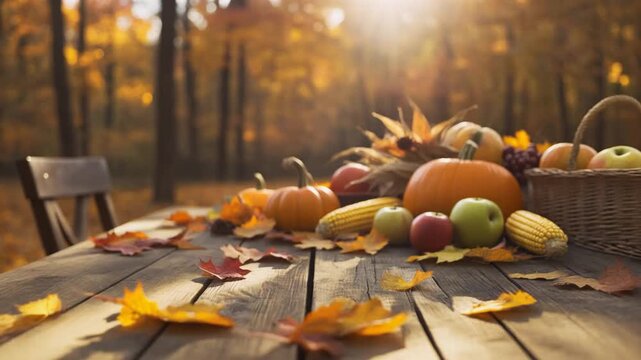 A rustic wooden table displays pumpkins, corn, apples, and autumn leaves in a sunlit forest, celebrating the warm colors of fall harvest.	
