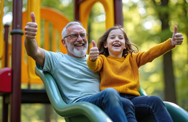 Obraz premium Senior man, little girl slide down green playground. Grandfather, granddaughter laugh out loud, give thumbs up. Enjoy cheerful, active family time. Happy generations bond outdoors in park sunlight.